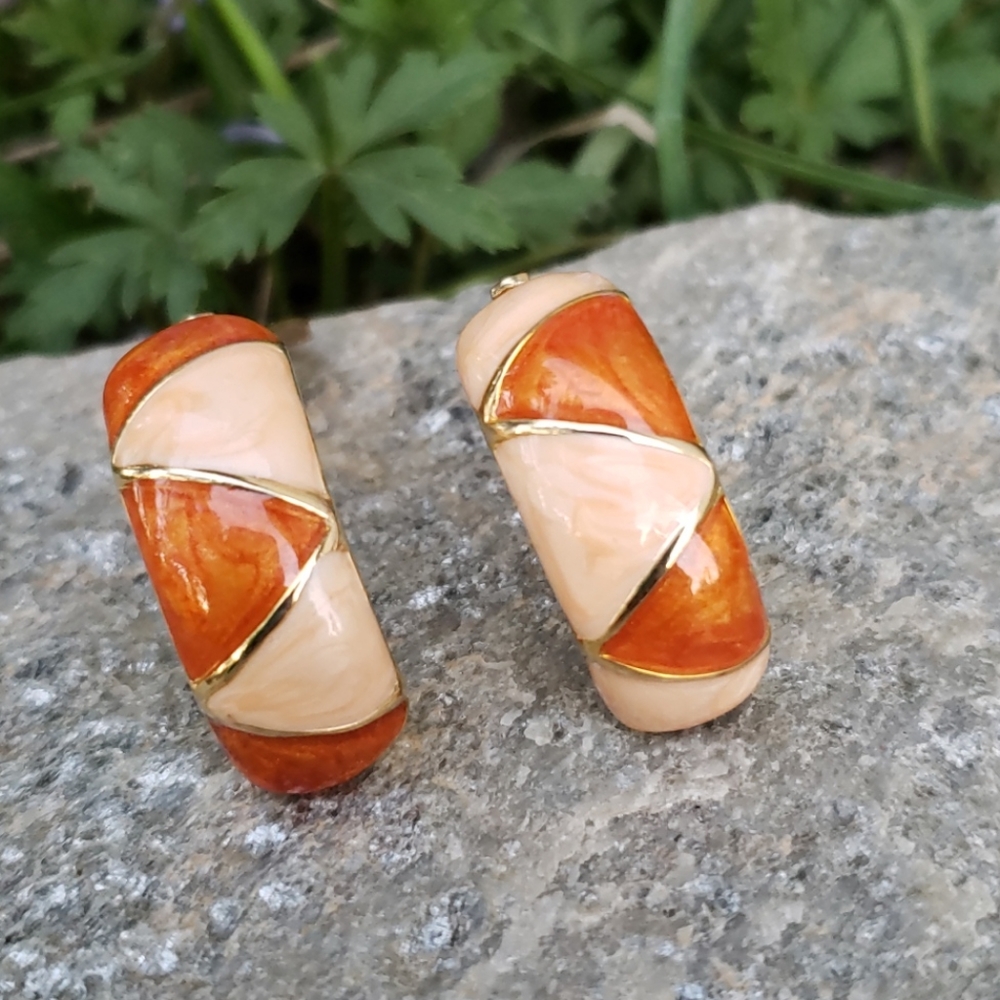 Vtg Orange Enamel Color Block Half Hoop Earrings